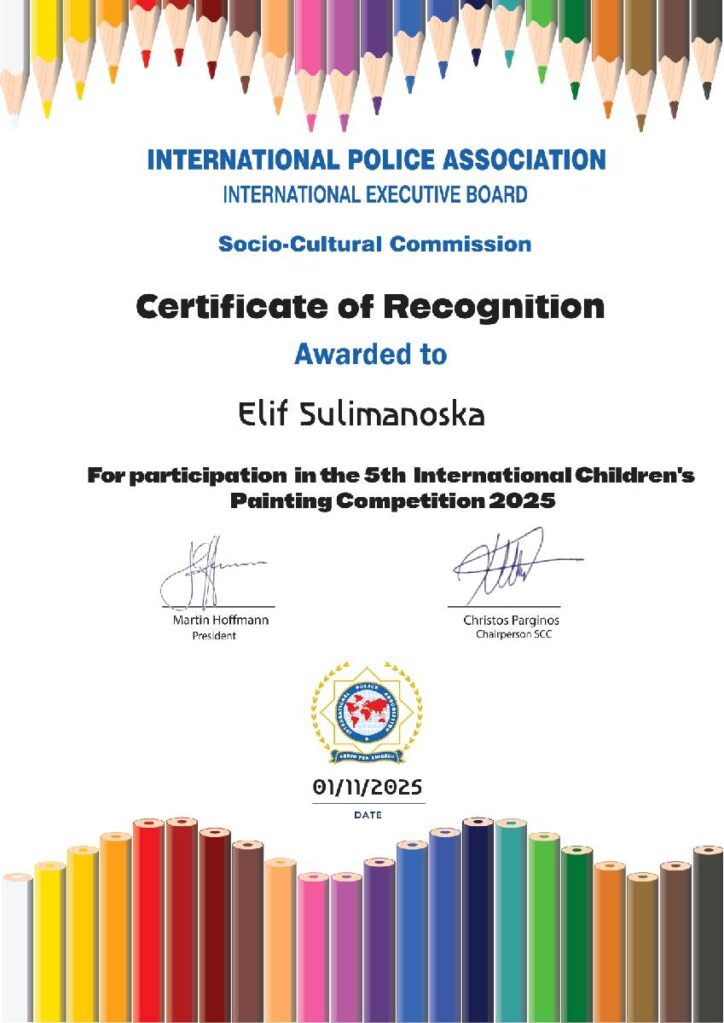 21 награда за учениците на ДЛС „Свети Кирил и Методиј” Битола од Меѓународната полициска асоцијација 9 Elif Sulimanoska